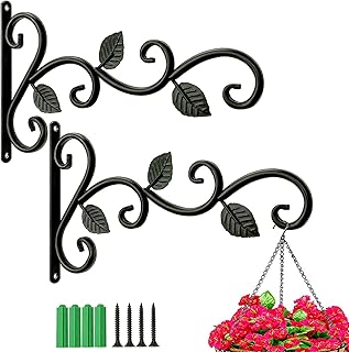 RHH Hanging Basket Brackets Plant Hook 2 Pack Metal Outdoor Garden Heavy Duty Wall Hook for Lanterns Wrought Iron Bracket for Planter Flower Hanger Bird Feeder Fence (3 leaves)