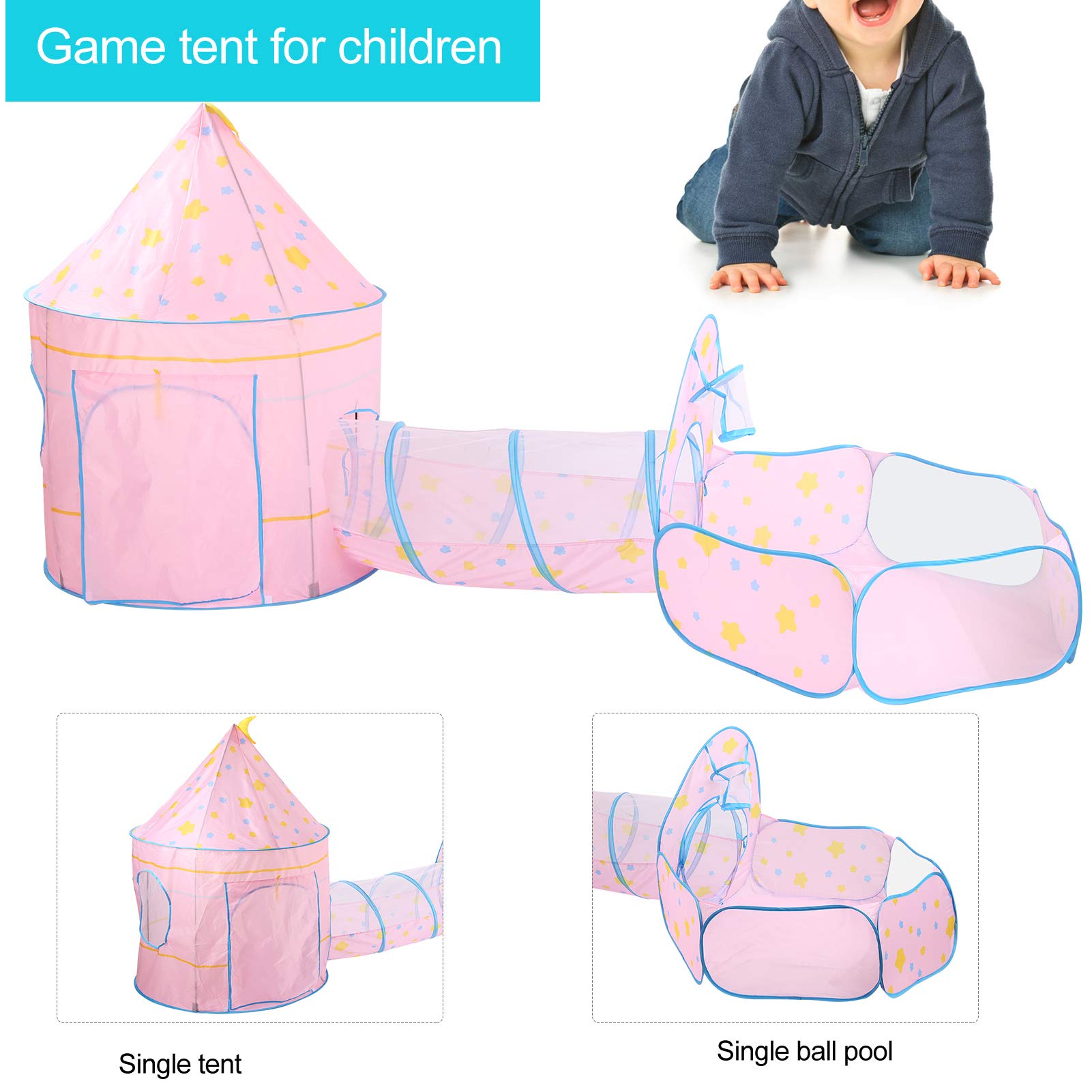 Tienda de Campaña para Bebés de 3 Uds, Tienda de Juegos para Niños, Túnel Interior Seguro para Gatear y Piscina de Bolas para Niños de Más de 3 Años, Diseño de Tela Fácil de Almacenar (Rosa