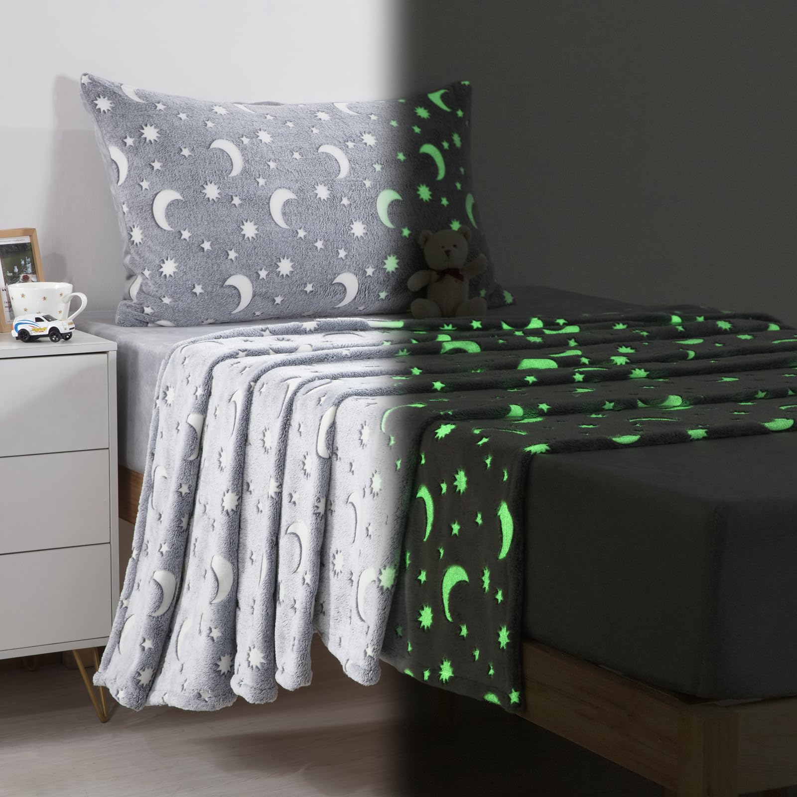 HOMBYS Glow in The Dark Kids Sheets Set 3 Piece Full/Queen with Pillowcase, Grey Velvet Bedding Sheet Sets for Twin Bed, Fuzzy Soft Flannel Sheet for Teenage Boys Kids