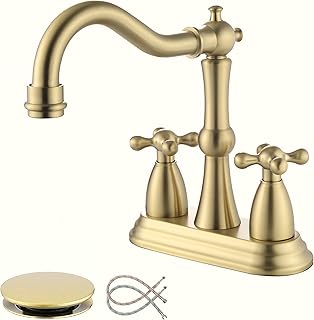 Antique Bathroom Faucet Brushed Gold, Senhozi Cross Handles Centerset Ba...