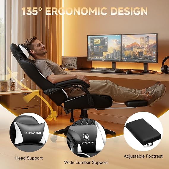 GTPLAYER Gaming Chair, High Back Leather Computer Gaming Chair with Footrest, Ergonomic Height Adjustable Office Chair with Removable Cover and Lumbar Support for Gaming & Work,White