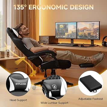 GTPLAYER Gaming Chair, High Back Leather Computer Gaming Chair with Footrest, Ergonomic Height Adjustable Office Chair with Removable Cover and Lumbar Support for Gaming & Work,White