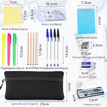 17 Pcs Stationary Sets, Maths Sets For Secondary School, Secondary School Stationery Set, Back To School Stationery Ruler Set For Office, Home Or School, Mathematical Set, Pre Filled Pencil Case Black