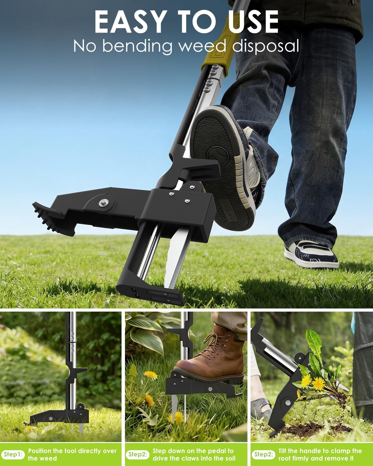 Luvenia Heavy Duty Stand Up Weed Puller Tool, Weed Removal Tool with 41.3" Long Handle & 4 Claw Steel Head, Garden Hand Weeding Tool-Easily Remove Weeds Without Bending, Pulling, or Kneeling