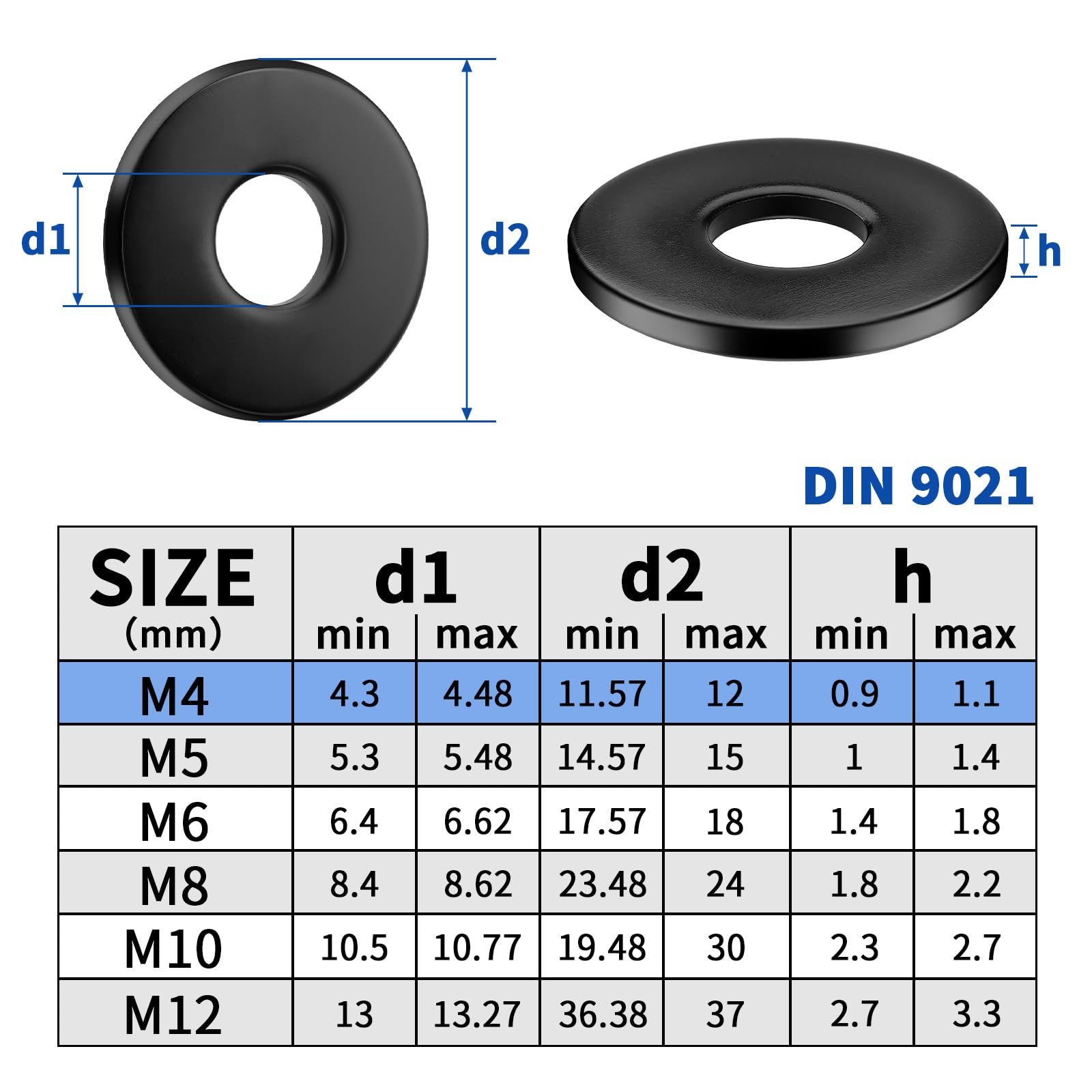 Lot de 30 rondelles M4 noires en acier inoxydable DIN 9021 A2 V2A, rondelles de carrosserie, grandes plates, pour vis, écrous, tige filetée
