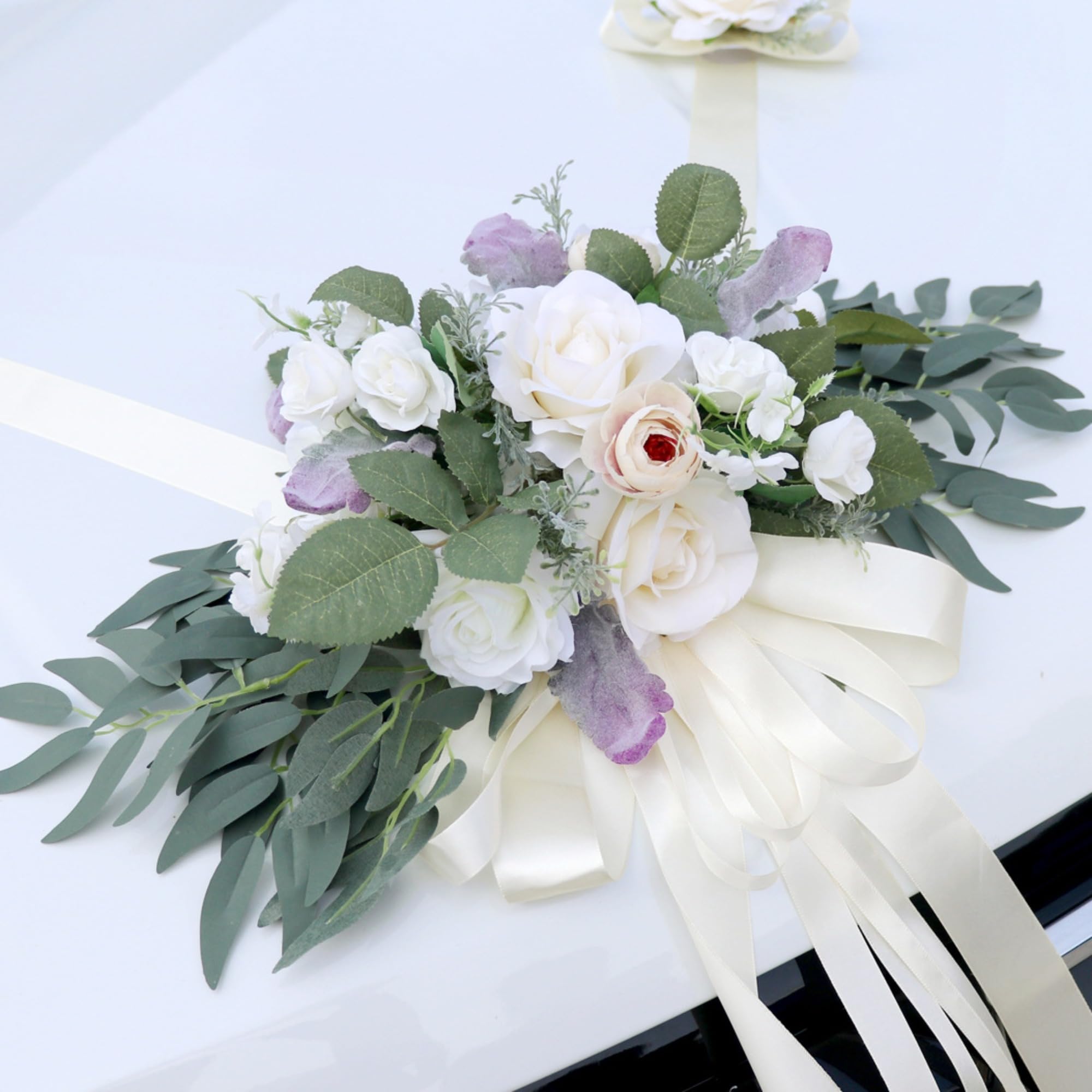 10 Stück Autoschmuck Hochzeit, Auto Hochzeitsschmuck mit Saugnapf, Weiß Auto Verschönert Rückspiegel Türgriff Motorhaube Hochzeitsdeko für Brautauto