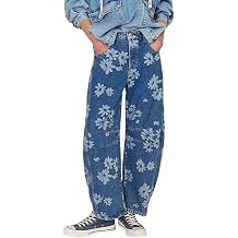 yoeasy Womens Mid Rise Baggy Barrel Jeans Floral Printed Wide Leg Y2k Boyfriend Jeans Denim Ankle Pants