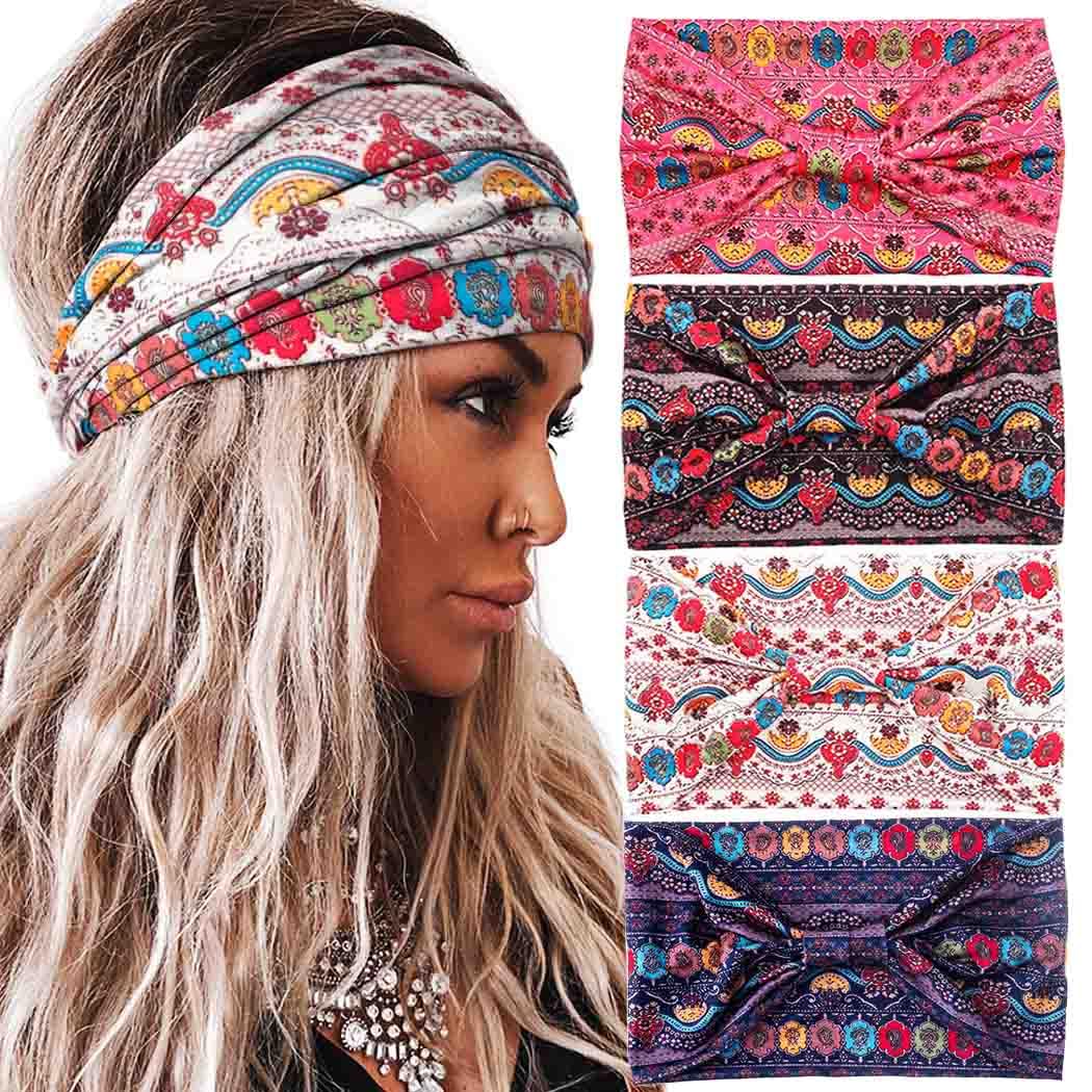 Boho Wide Headbands Stretch Knotted Hairbands Elastic Turban Head Bands Floral Printed Headpiece Large Printing Hair Accessories for Women 4 PCS (Set A)