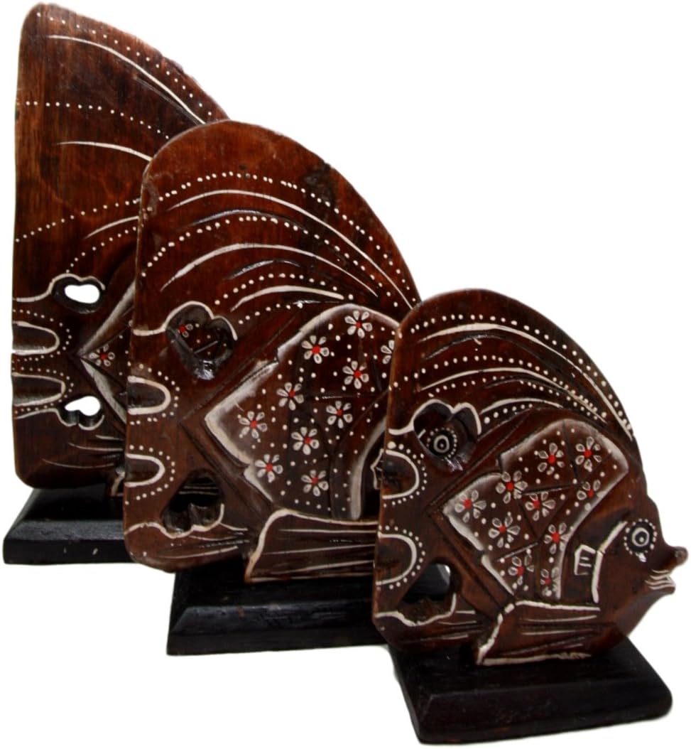 Balikraft Hand Made Wood Artisans "Ikan Bunga" River Angel Fish With Floral Motif Family Set of 3 Decorative Figurines 10"H