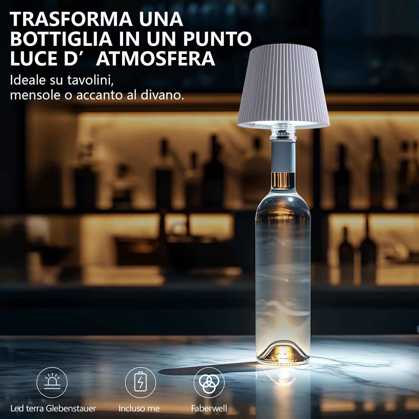 Beaeet Lampada da Tavolo a Bottiglia Senza Fili Ricaricabile via USB, con 3 Colori e Luminosità Regolabile, Ideale per Camera da Letto, Terrazza o come Regalo per le Festività, Bottle Lamp bianco