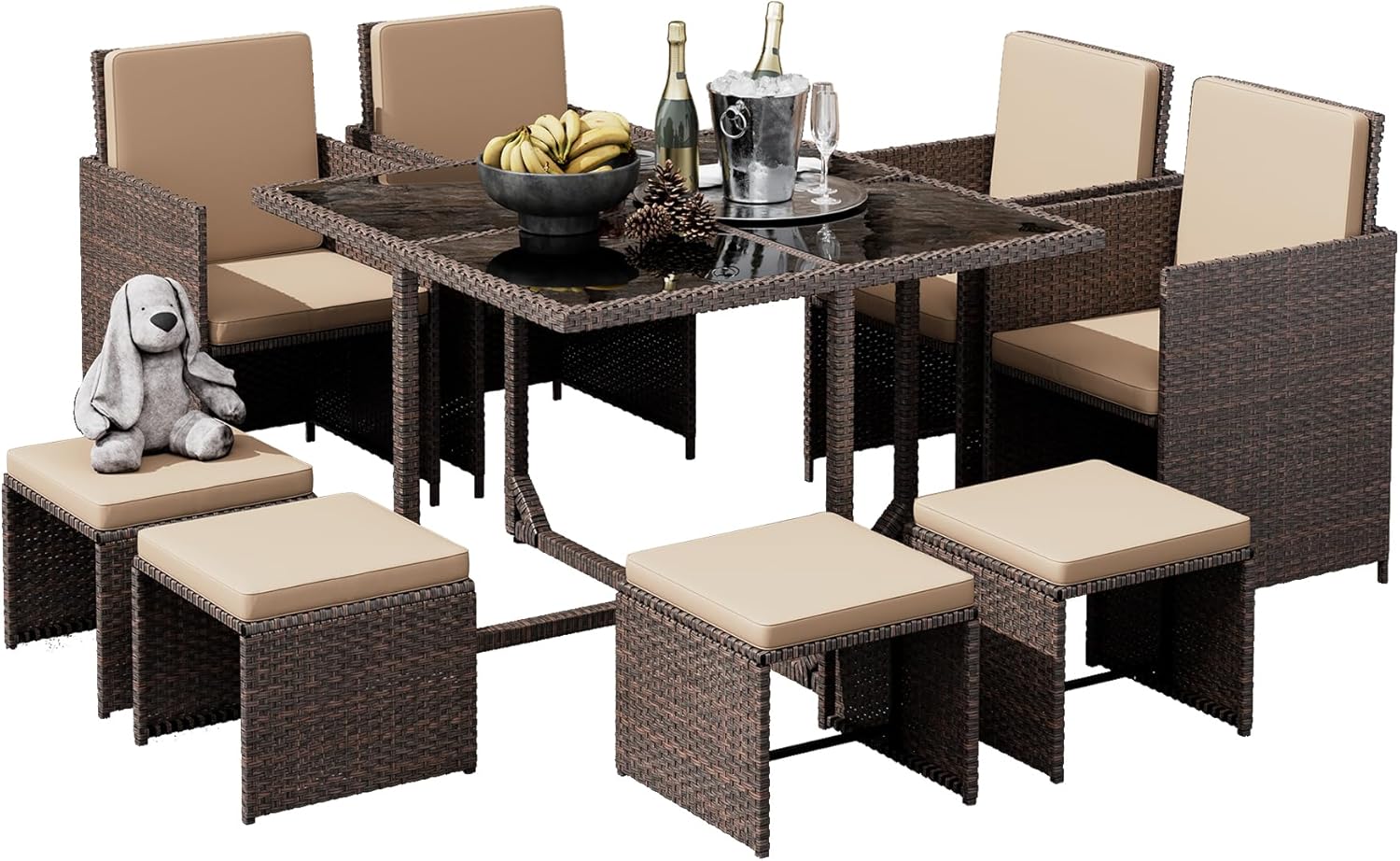LHBcraft 9 Pieces Patio Dining Furniture Sets, Outdoor Space Saving Rattan Chairs with Glass Table, Wicker Patio Conversation Furniture Set Cushioned Seating and Back Sectional Dining Sets (BR-BE)