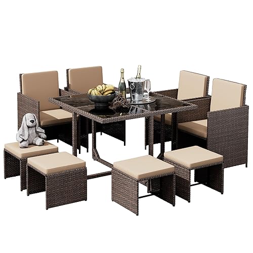 LHBcraft 9 Pieces Patio Dining Furniture Sets, Outdoor Space Saving
