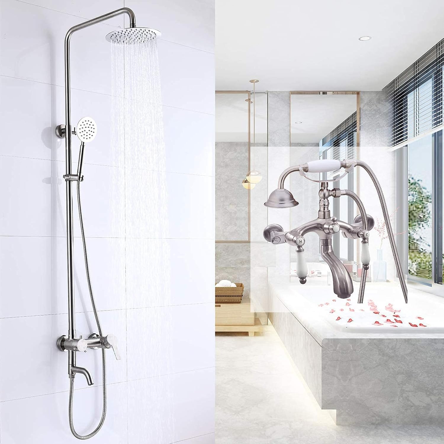 8 inch Rainfall Outdoor Shower Fixture Brushed Nickel Stainless Steel Wall Mounted Triple Function with Matching Brushed Nickel Clawfoot Bathtub Faucet Wall Mount with Hand Held Shower Faucet Set