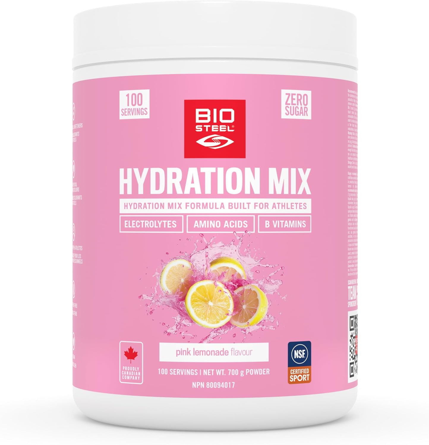 BIOSTEEL Zero Sugar Hydration Mix, Great Tasting Hydration with 5 Essential Electrolytes, Pink Lemonade, 100 Servings per Tub