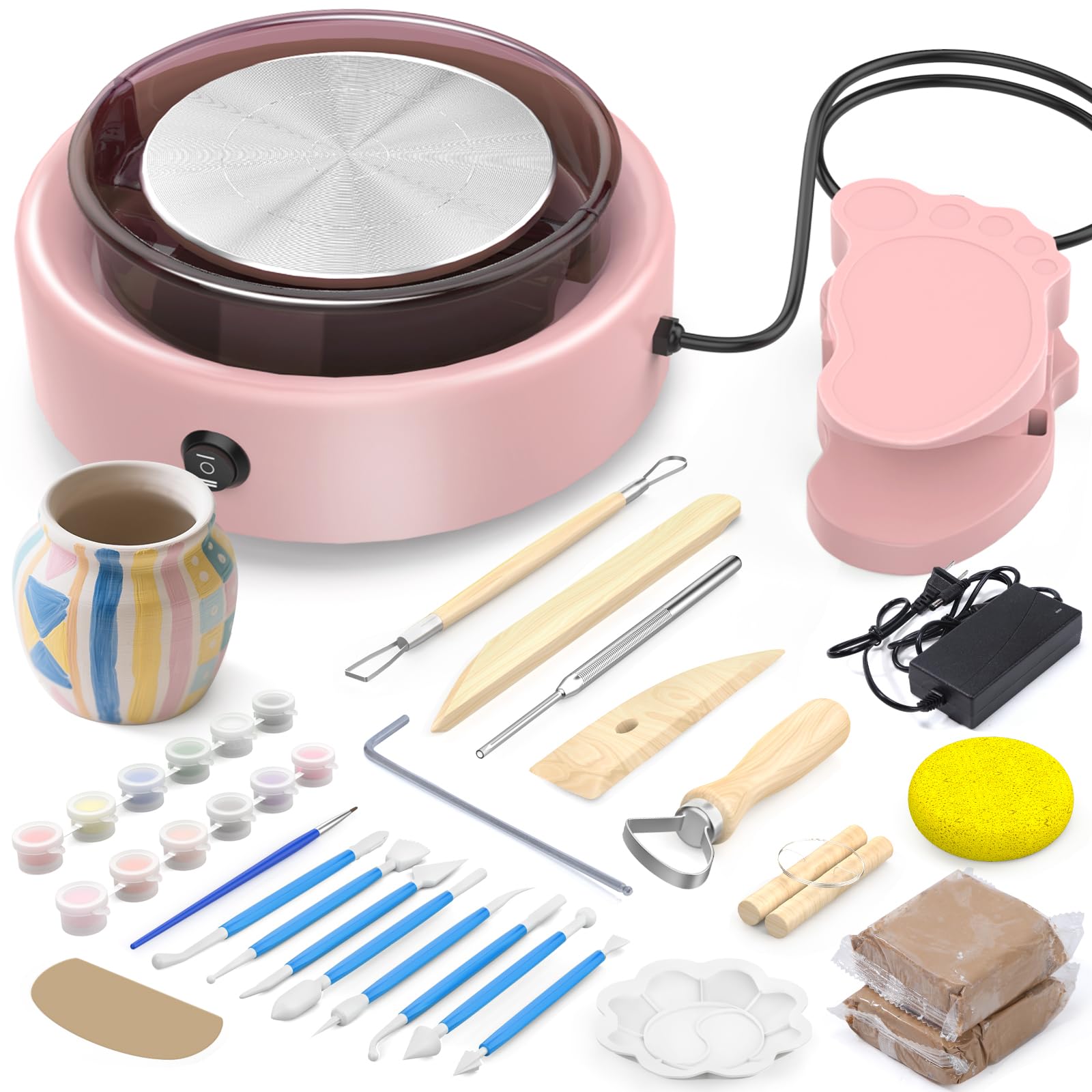 Skirfy Mini Pottery Wheel for Beginners Adults 9.5" Ceramic Machine for Kids Art Craft Glow in Dark Kits 2.2LB Air-Dry Clay,Carving Tools Adjustable Speed,Home Decor DIY Projects Birthday Gift