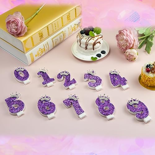 Miniatura 5 de Velas de cumpleaños con número 1, corona morada para tartas, decoración de pastel número 1 con lentejuelas para suministros de celebración de