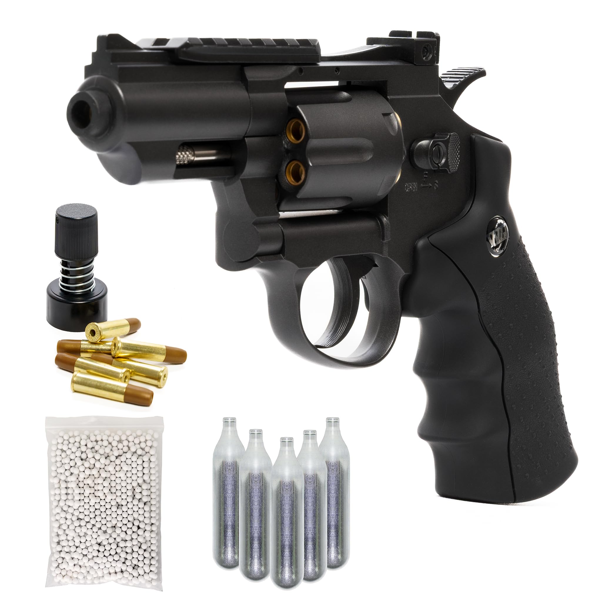 Pistola Softair Revolver, Pistola a Pallini, 5 bombolette Co2, 1000 Pallini 6mm, caricatore, 6 bossoli, Airsoft, Pistole Softair, potenza 0,9 joule, dimensioni cm 34x12,5