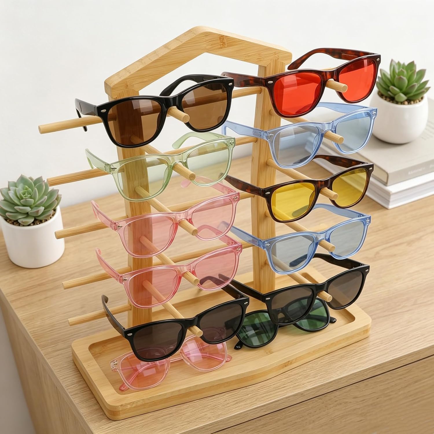 Pumtus Sunglasses Display Stand, 10-Pair Bamboo Eyeglass Holder, Eyewear Rack with Storage Base, Heavy Duty Glasses Riser Collection Showcase for Home, Shop Setting, Office