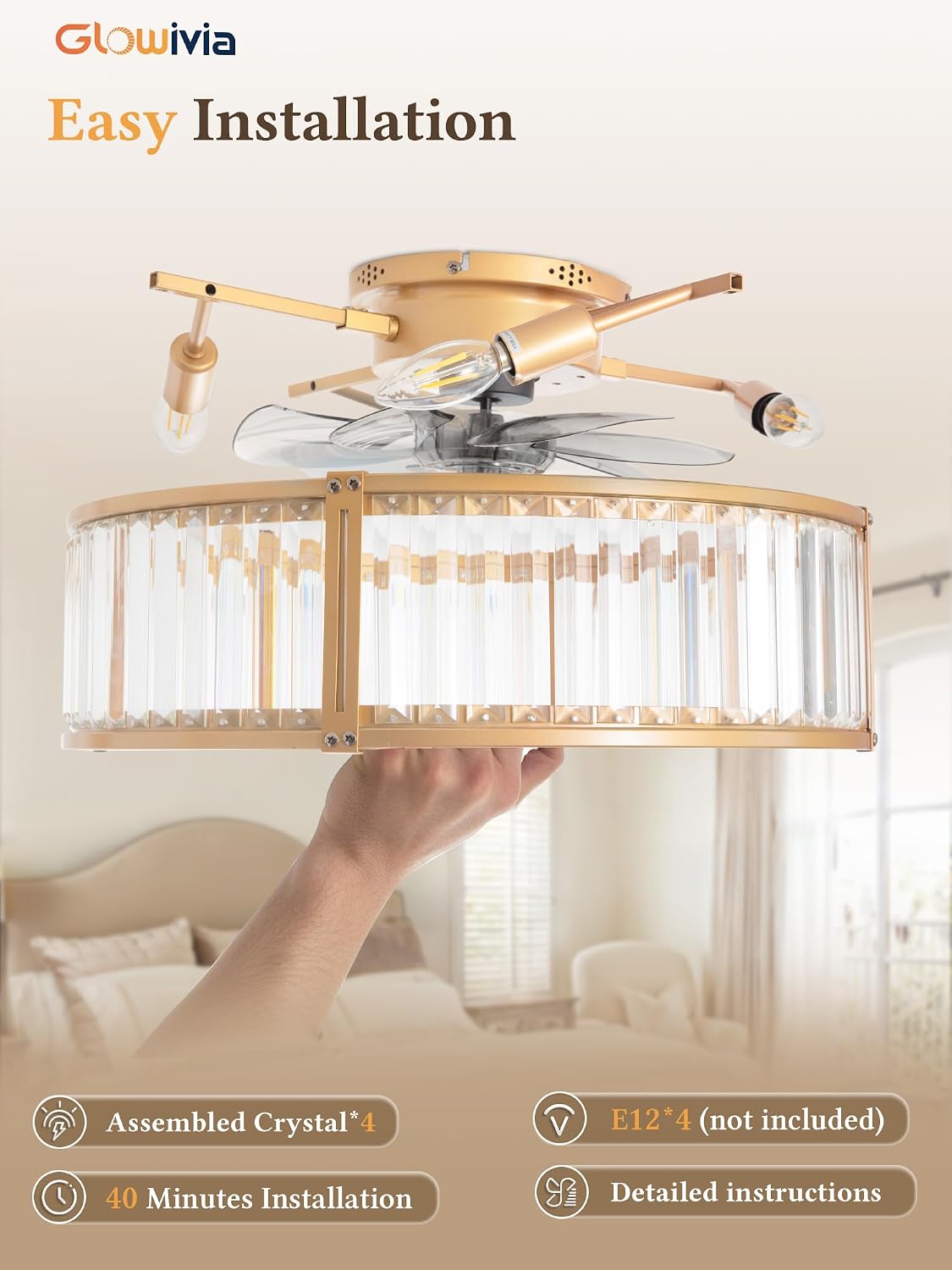 20 Inch Caged Ceiling Fan with Light, Modern Fan Chandelier, Gold Ceiling Fans with 6-Speeds, 1/2/4/8H Timer, Quiet DC Motor, Low Profile Ceiling Fan with Remote for Bedroom,Living Room,Kitchen