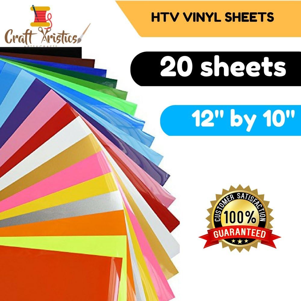 CraftARISTICS | Heat Transfer HTV Vinyl Bundle | for DIY T-Shirts - 20 Sheets 12"x 10" – 20 assorted colours – black, white, neon and red for Silhouette cameo or iron on Cricut Heat Press machine