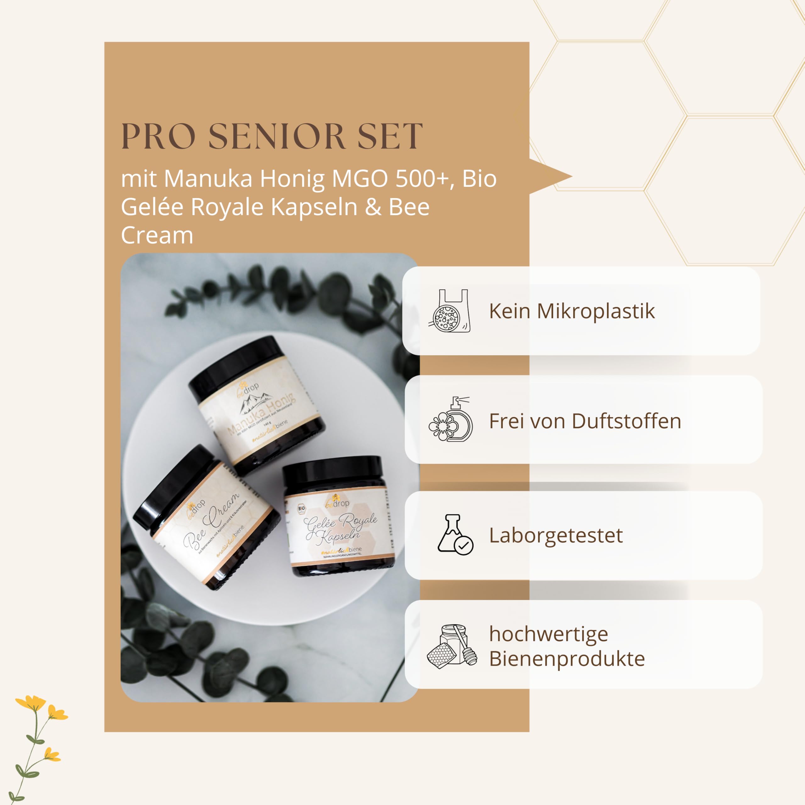 bedrop | Pro Senior Set | Manuka Honig MGO 500 + Bio Gelee Royal Kapseln & Bee Cream im Set