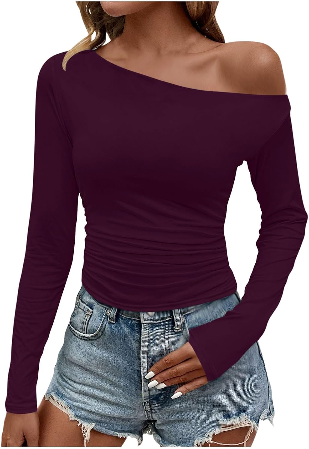 Womens Basic T-Shirts Going Out Tops Tight Slim Fit Cute One Shoulder Long Sleeve Y2k Clothes Fall Fashion Outfits