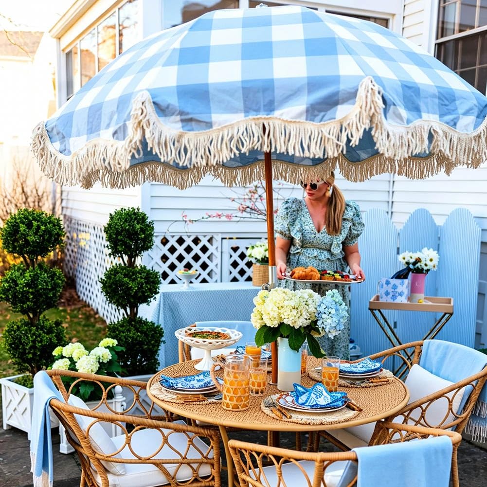 200 cm Parasol Plażowy Boho z Frędzlami, Parasol Przeciwsłoneczny z Pochylanym Drewnianym Drążkiem do Ogrodu, na Podwórko, na Basen