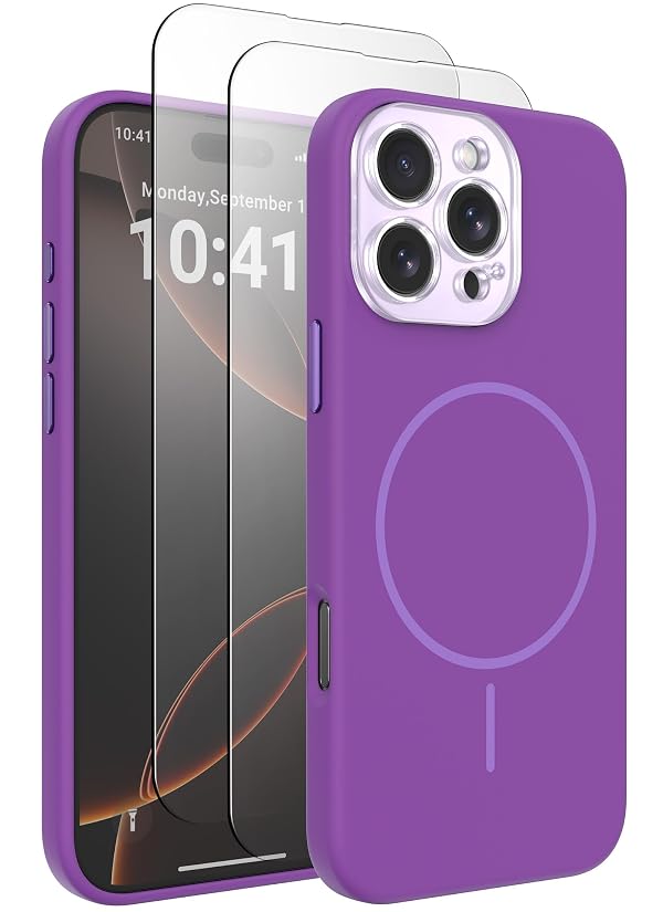 BNAAGO Magnetic Silicone Case for iPhone 16 Pro Max Case with 2 Screen Protector, Upgraded Hard Acrylic Camera Protector Soft Slim Stylish Cute Phone Cover Compatible with MagSafe, Purple