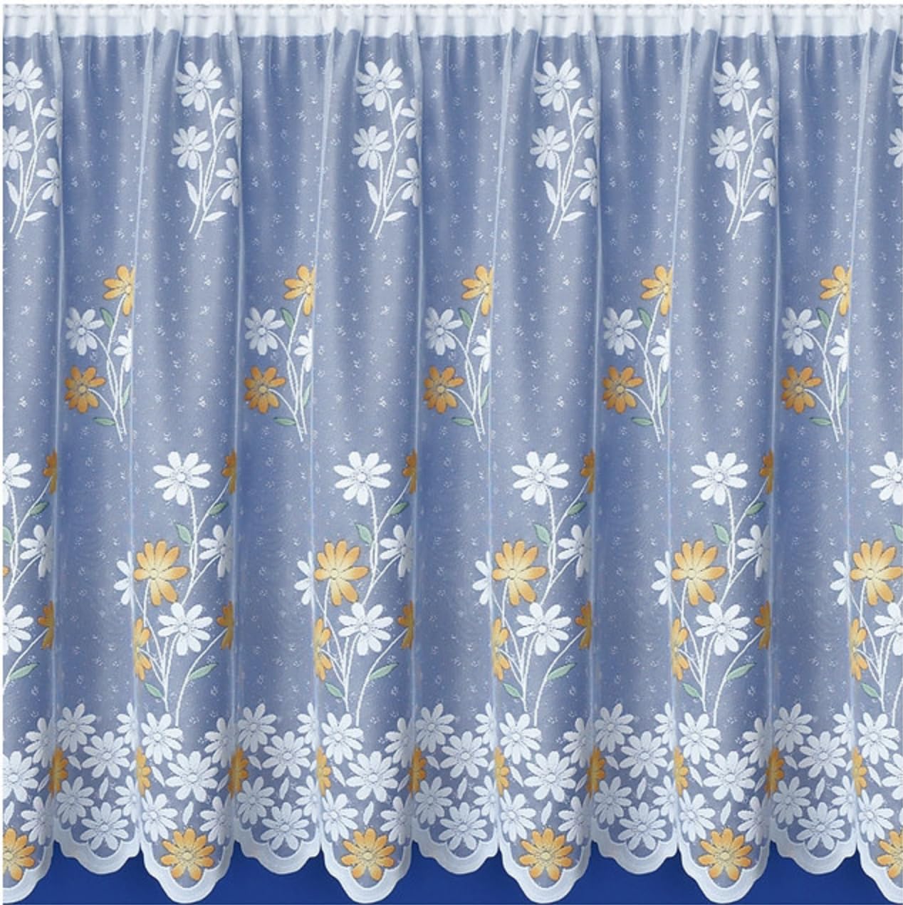 Nancy's Linens MARIGOLD WHITE WITH ORANGE MOTIFS NET CURTAIN - SCALLOPED BASE - SCALLOPED BASE - SOLD BY THE METER (Drop: 45" (114cm))