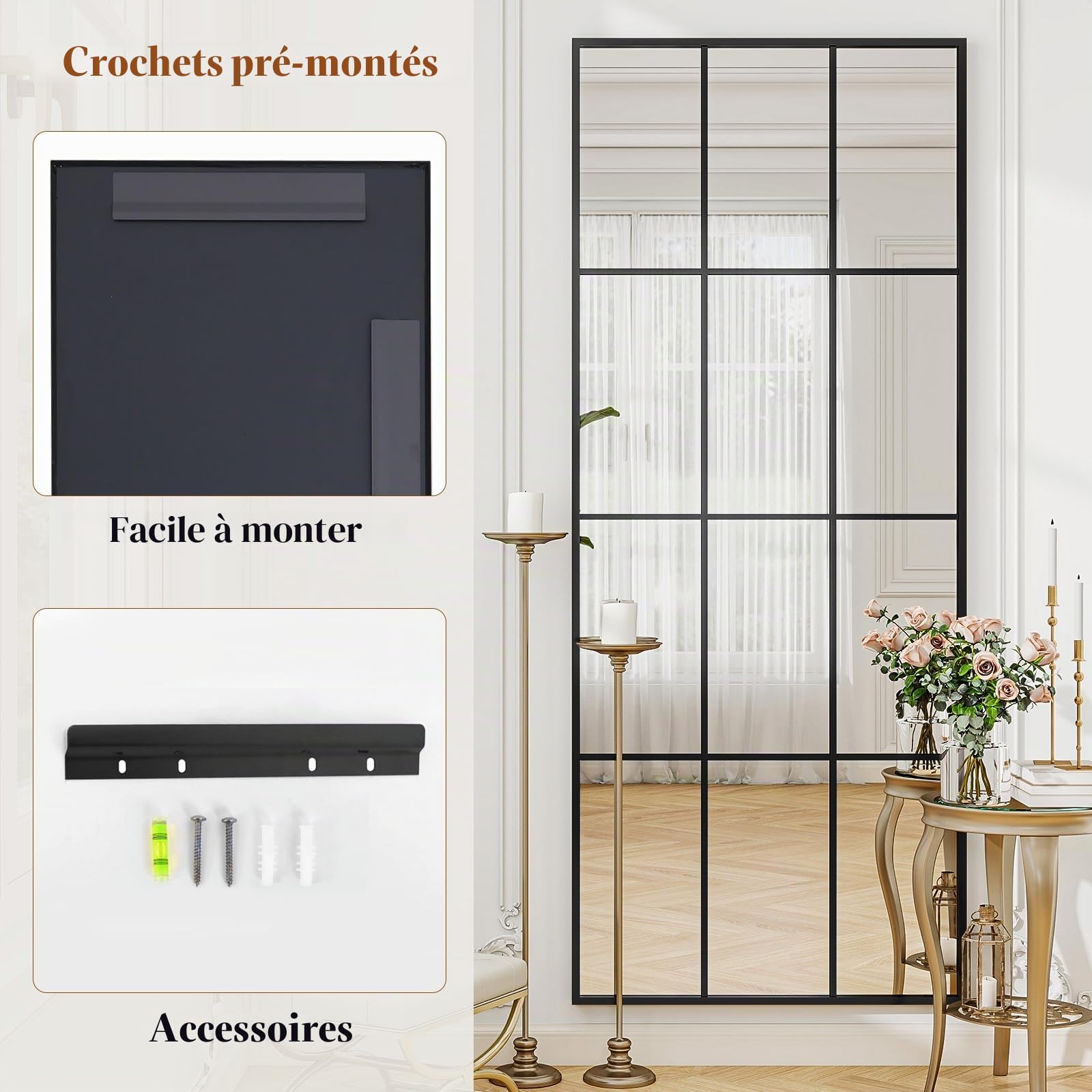 Koonmi Miroir Fenêtre 60 x 165 cm Rectangulaire Grille Décorative Corps Plein Cadre Métal Suspendu Entrée Salon Noir