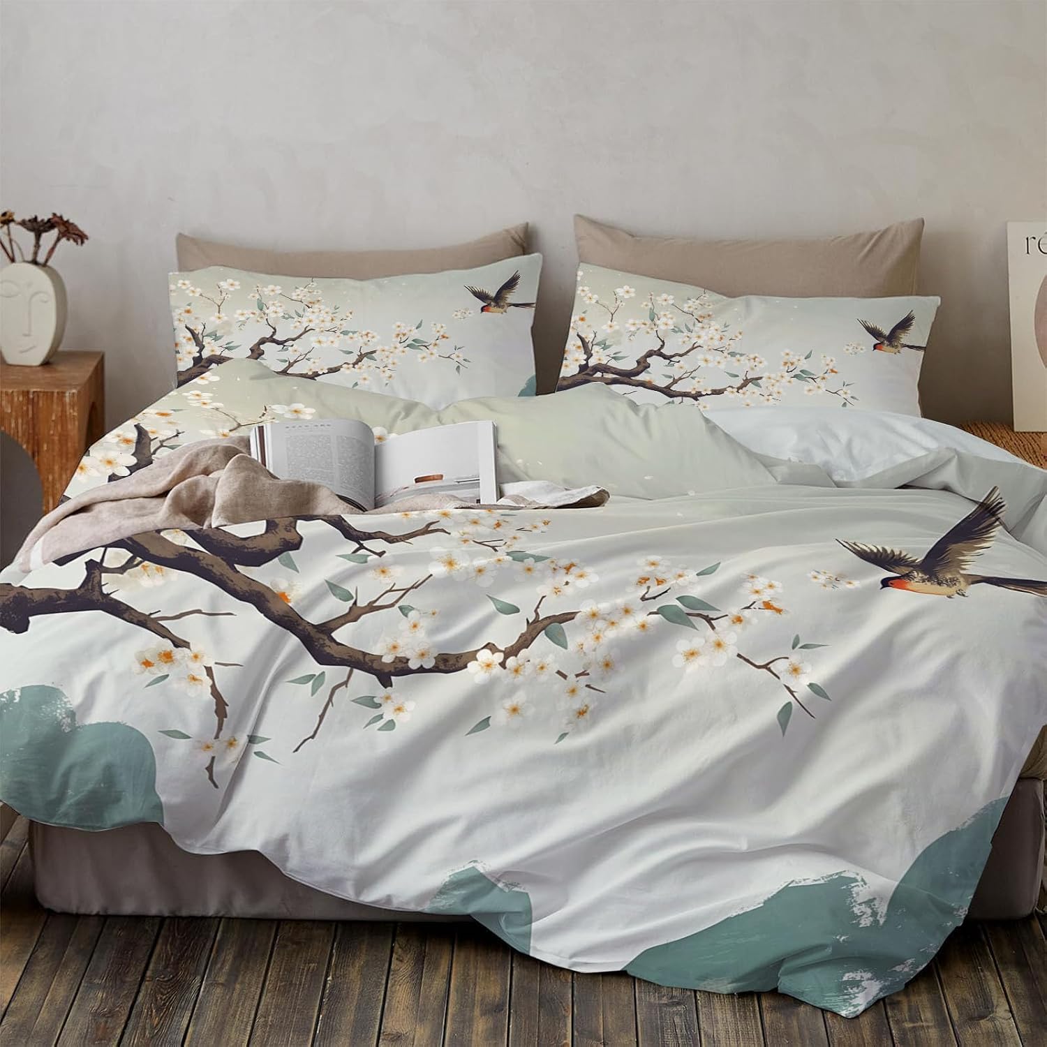 Plum bossom Print Duvet Cover Japanese Style Texture Bedding Size,Reversible Solid Color Classic Color Printed Plaid Duvet Cover,Includes 1 Duvet Cover