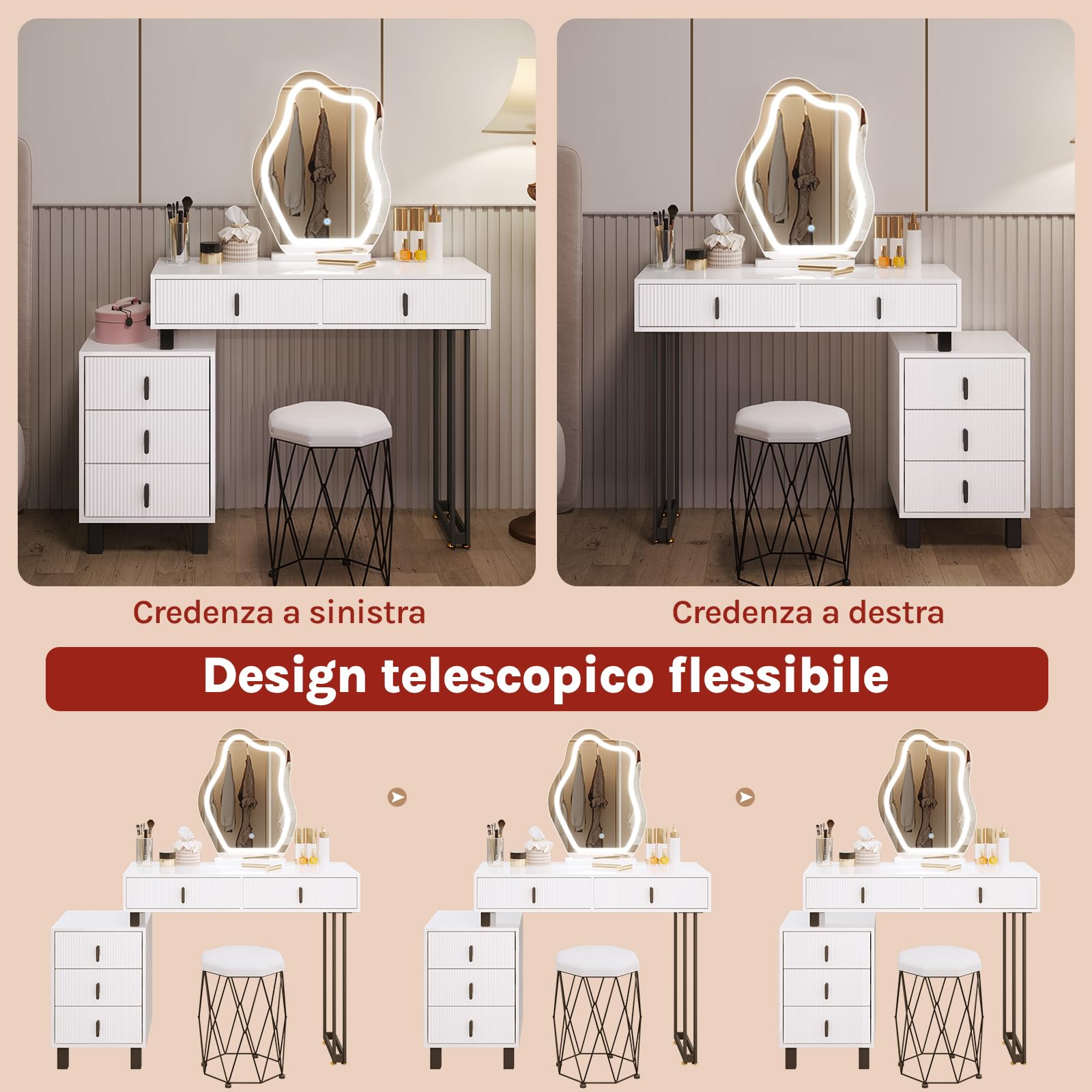WOLTU Toeletta con Luce LED, Luminosità Regolabile, Specchio a Nuvola, Piano Lucido, 5 Cassetti in Legno Massiccio, 1 Cassettiera, Moderno, Bianco e Nero