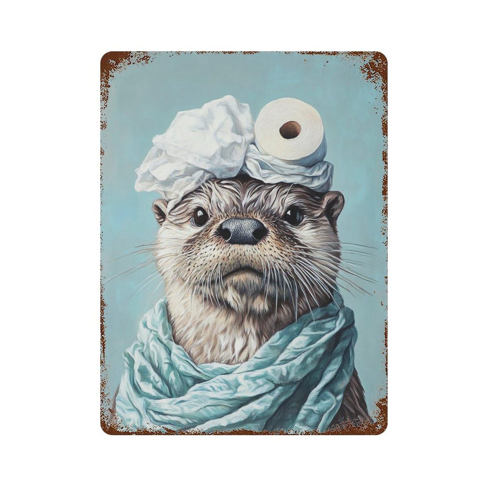 Otter with Toilet Paper Hat Vintage Rust Metal Sign 15.7"x11.8", Shabby Chic Decor for Shed, Workshop And Garage Wall Decor