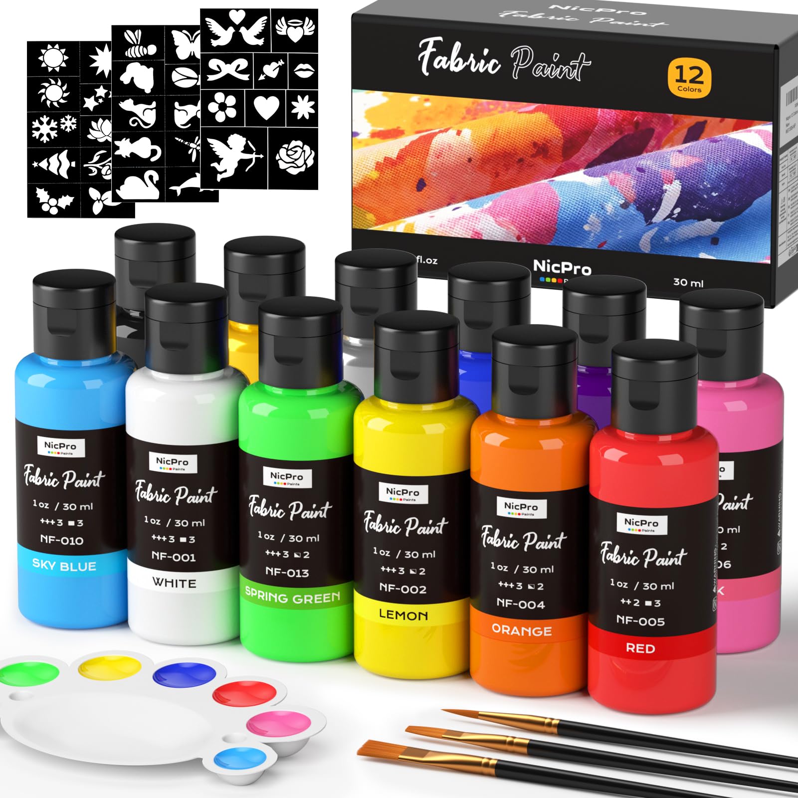 Nicpro 12 Colors Fabric Paint (1oz/30ml), Permanent Soft Fabric Paint Set with Brushes, Palette, Stencils, Non-Toxic Textile Paints for Fabric DIY Crafts, T-Shirts, Shoes, Jeans, Bags, Art Supplies