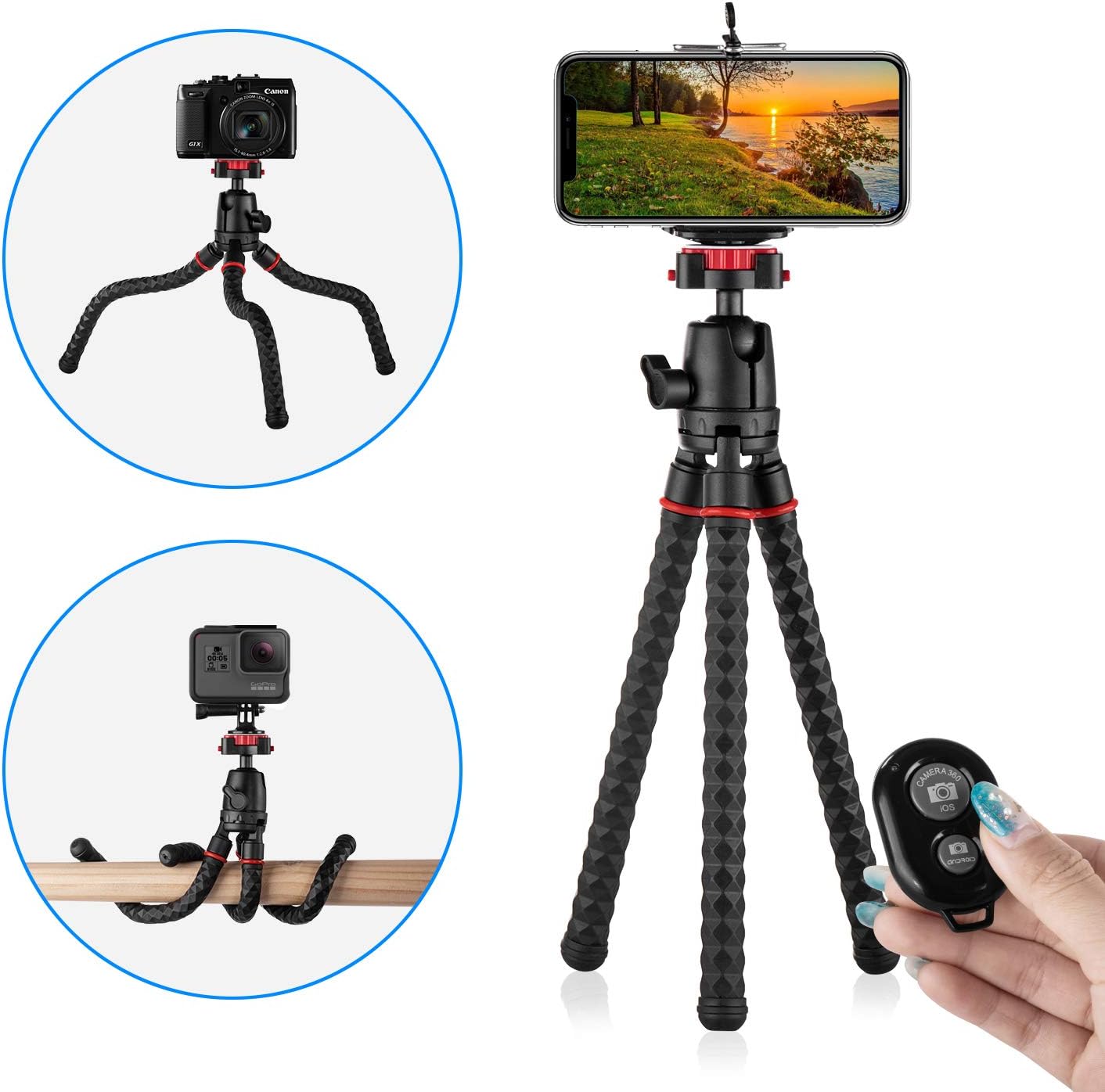 Phone Tripod with Wireless Remote Eco Moda 360 Degree Rotation Flexible Portable Octopus Travel Small Tripod for iPhone Android Phone Camera Samsung Smartphone Sports Action Camera