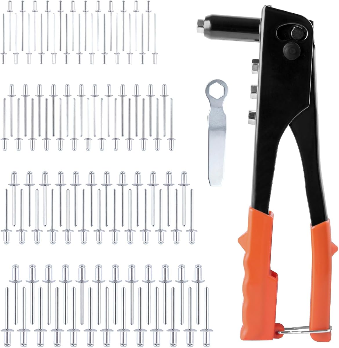 4-in-1 Heavy Duty Hand Riveter Rivet Gun Pop Rivet Tool Kit with 100 Rivets 3/32-inch, 1/8-inch, 5/32-inch, 3/16-inch,4 Interchangeable Nosepieces for Metal,Plastic,Wood and Leather