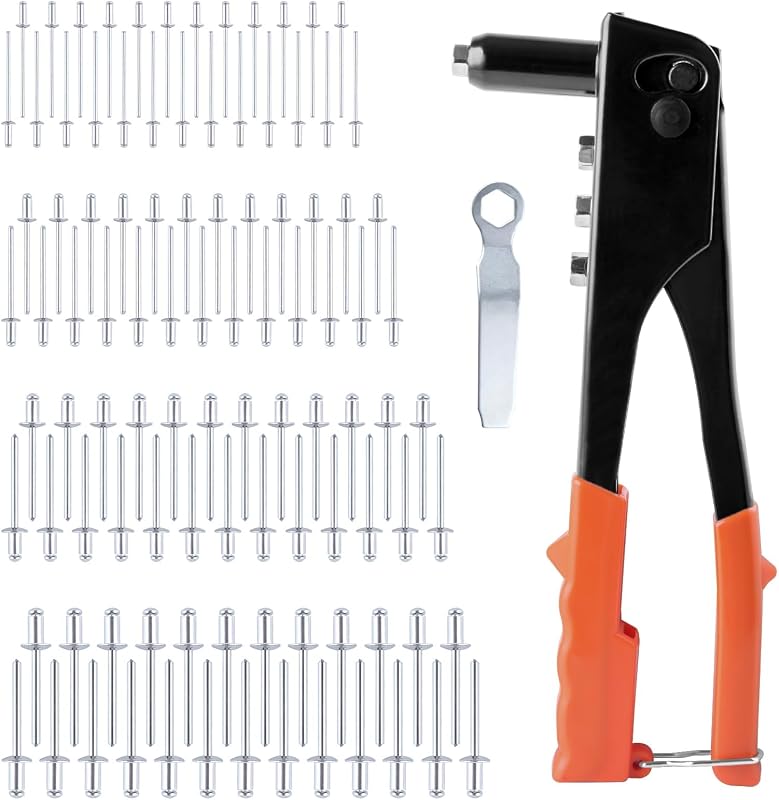 4-in-1 Heavy Duty Hand Riveter Rivet Gun Pop Rivet Tool Kit with 100 Rivets 3/32-inch, 1/8-inch, 5/32-inch, 3/16-inch,4 Interchangeable Nosepieces for Metal,Plastic,Wood and Leather