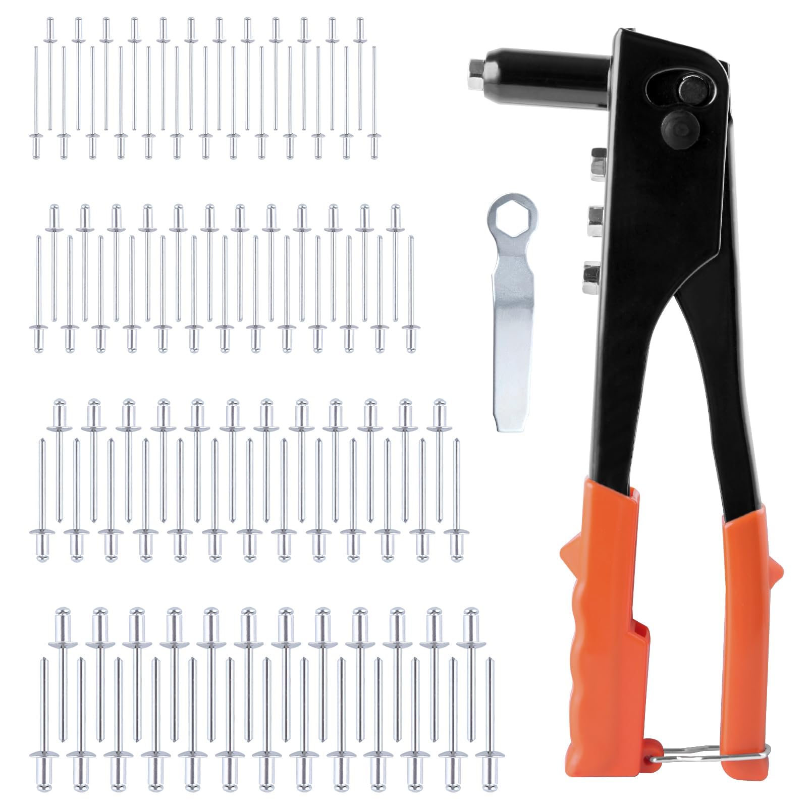 GOLD DEER 4-in-1 Heavy Duty Hand Riveter Rivet Gun Pop Rivet Tool Kit with 100 Rivets 3/32-inch, 1/8-inch, 5/32-inch, 3/16-inch,4 Interchangeable Nosepieces for Metal,Plastic,Wood and Leather
