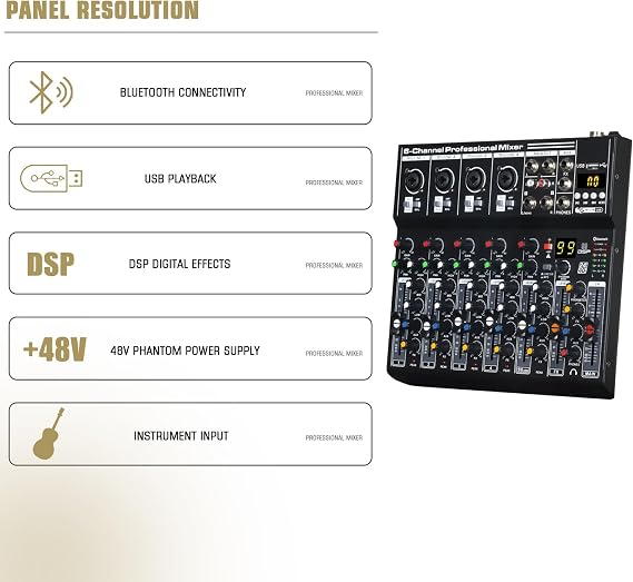 Professional Metal 6 Channel Audio Mixer with BT, Audio Interface Sound Board Mixing Console 99-Bit DSP Reverb Effect and 48V Phantom, DJ Mixer Audio for Karaoke Studio Live Streaming Recording
