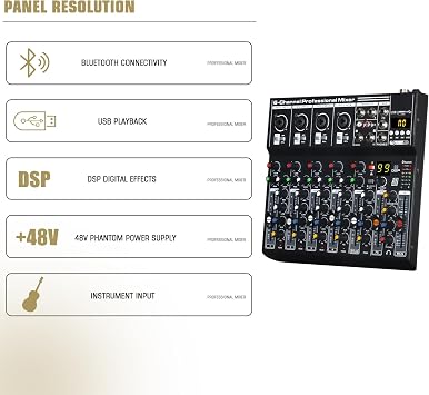 Professional Metal 6 Channel Audio Mixer with BT, Audio Interface Sound Board Mixing Console 99-Bit DSP Reverb Effect and 48V Phantom, DJ Mixer Audio for Karaoke Studio Live Streaming Recording