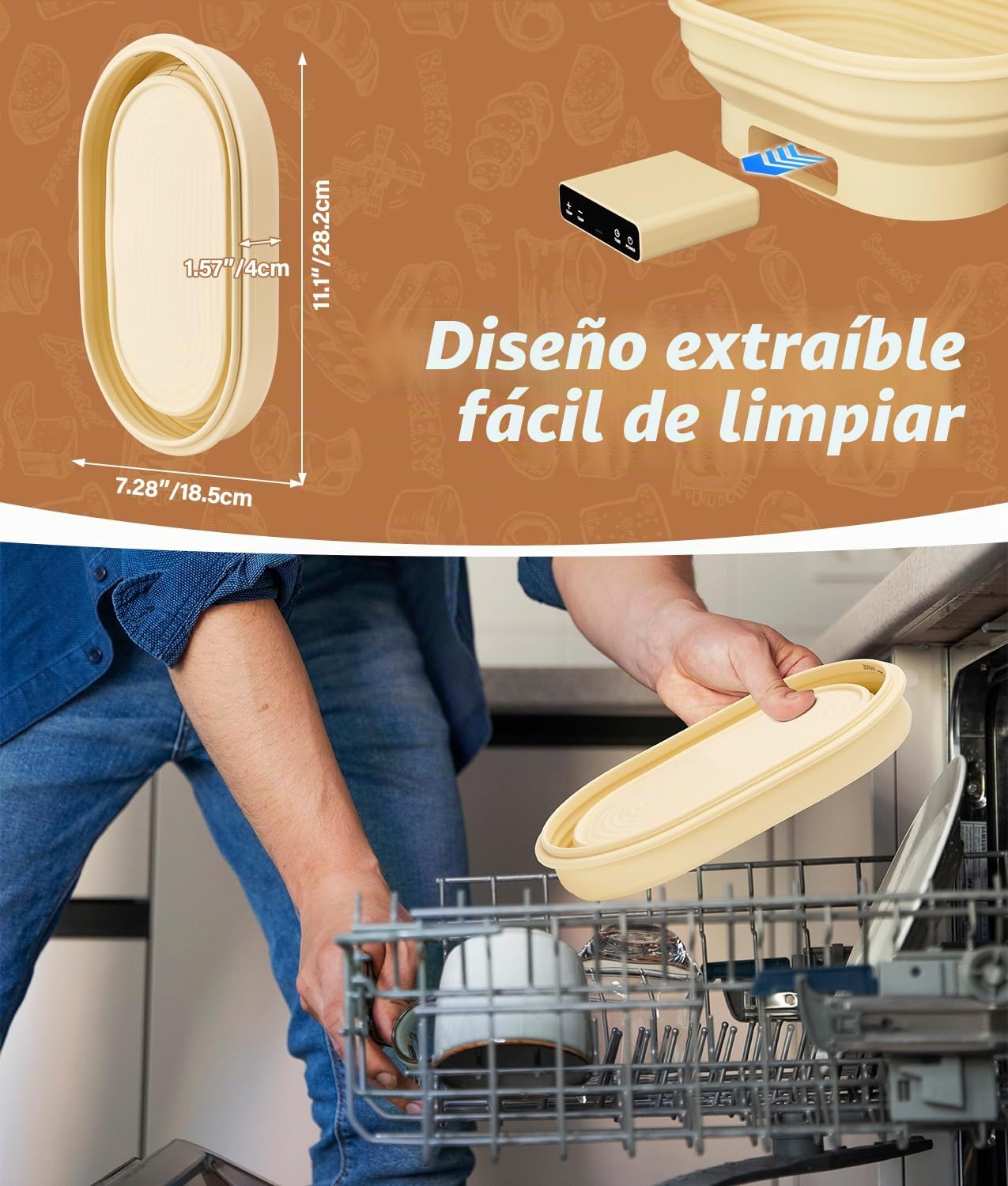 WADEO Juego de 18 piezas para fermentación de pan, Cámara de fermentación para masa madre con función de calentamiento: cesta de fermentación de 28 cm, termostato con 6 ajustes (25 °C-50 °C)