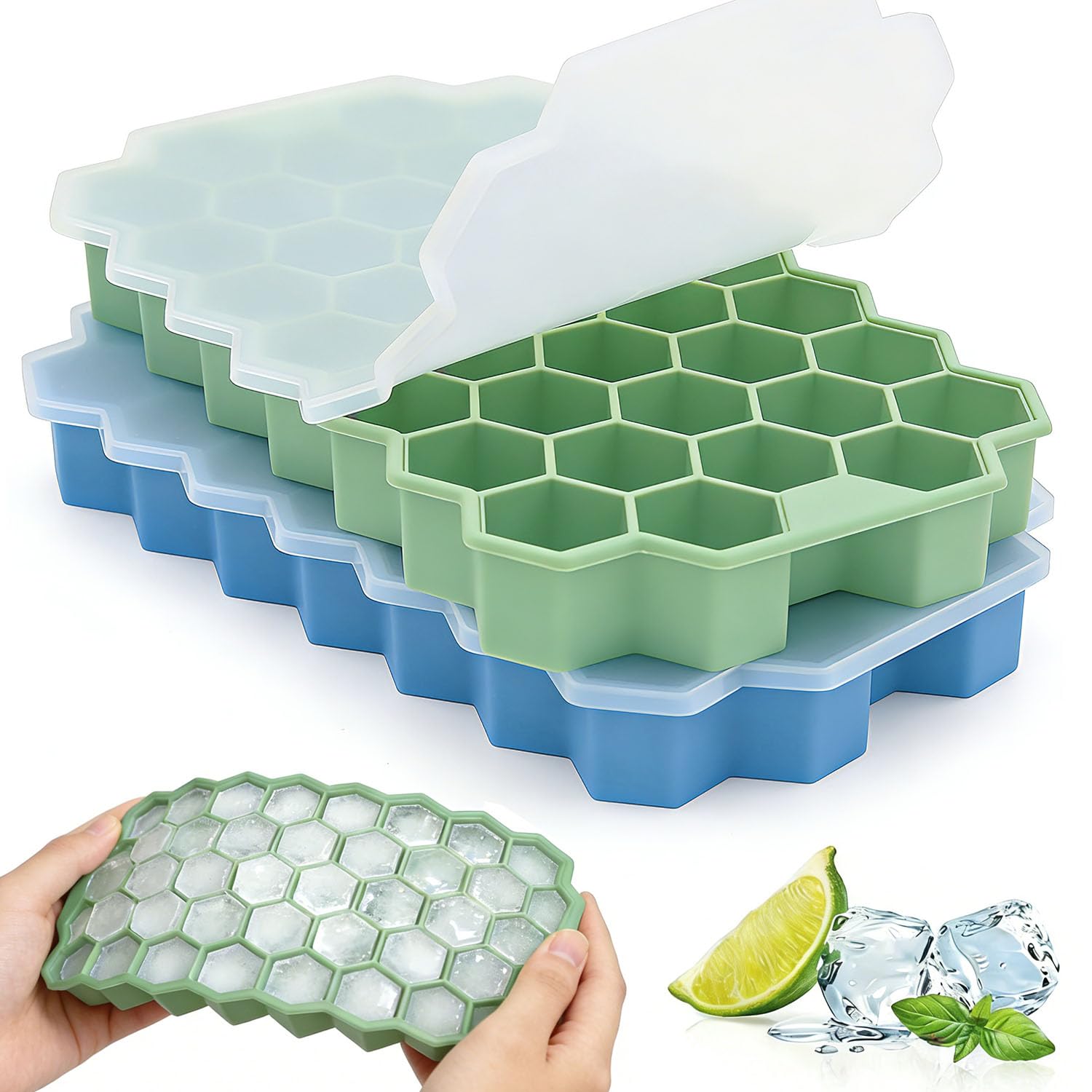 Zonopy Eiswürfelform aus Silikon, 2er-Pack 37-Fach Eiswuerfel Form, Stapelbar Eiswürfelbehälter Mit Deckel, Gekühlte Getränke, Whisky und Cocktails, LFGB Zertifiziert und BPA Frei Schwarz
