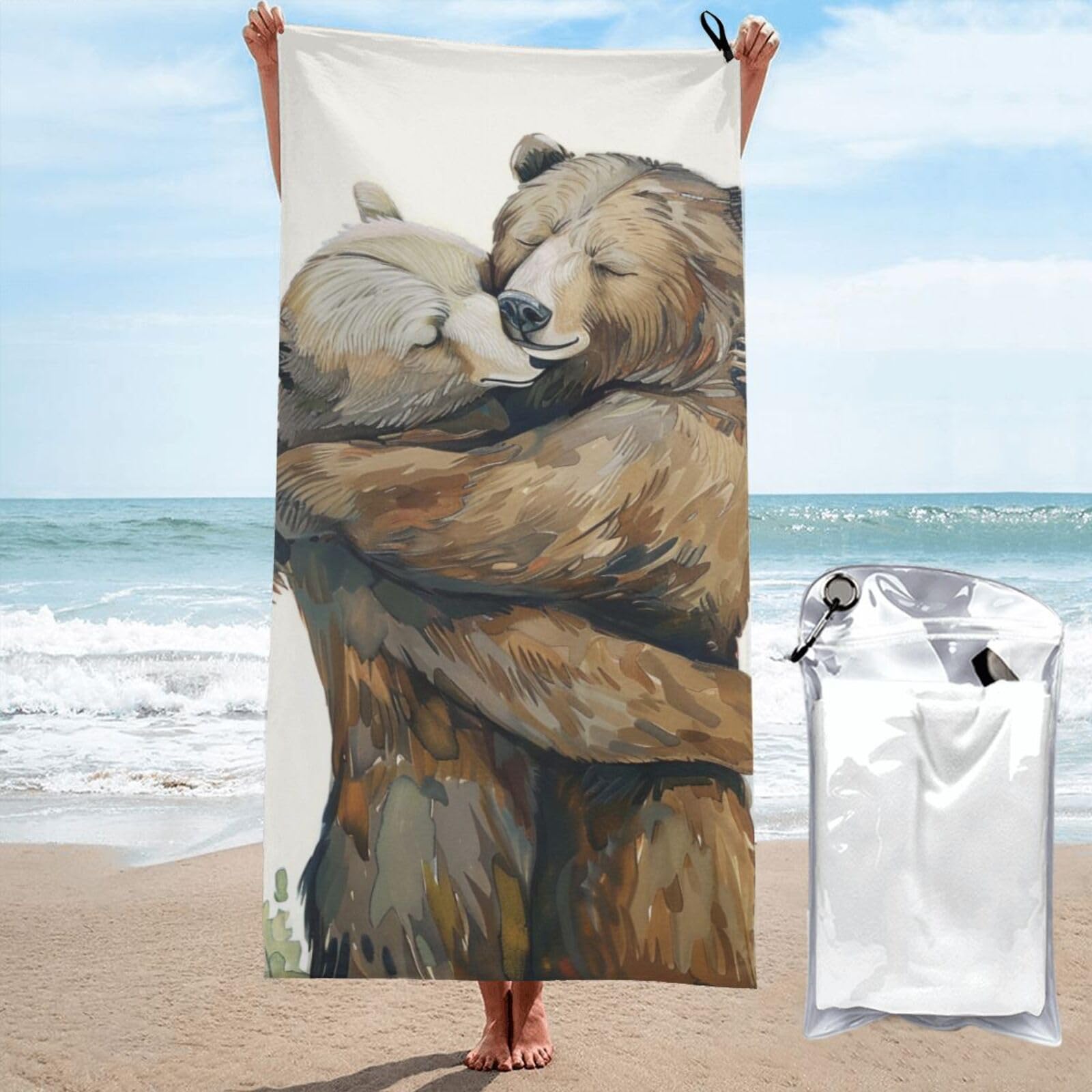 BWWHCCTI Bears Printed Microfiber Quick Dry Beach Towel 70x140 CM, Fast Drying Bath Towels with Bags for Travel,Camping,Gym,Beach,Swimming,Yoga