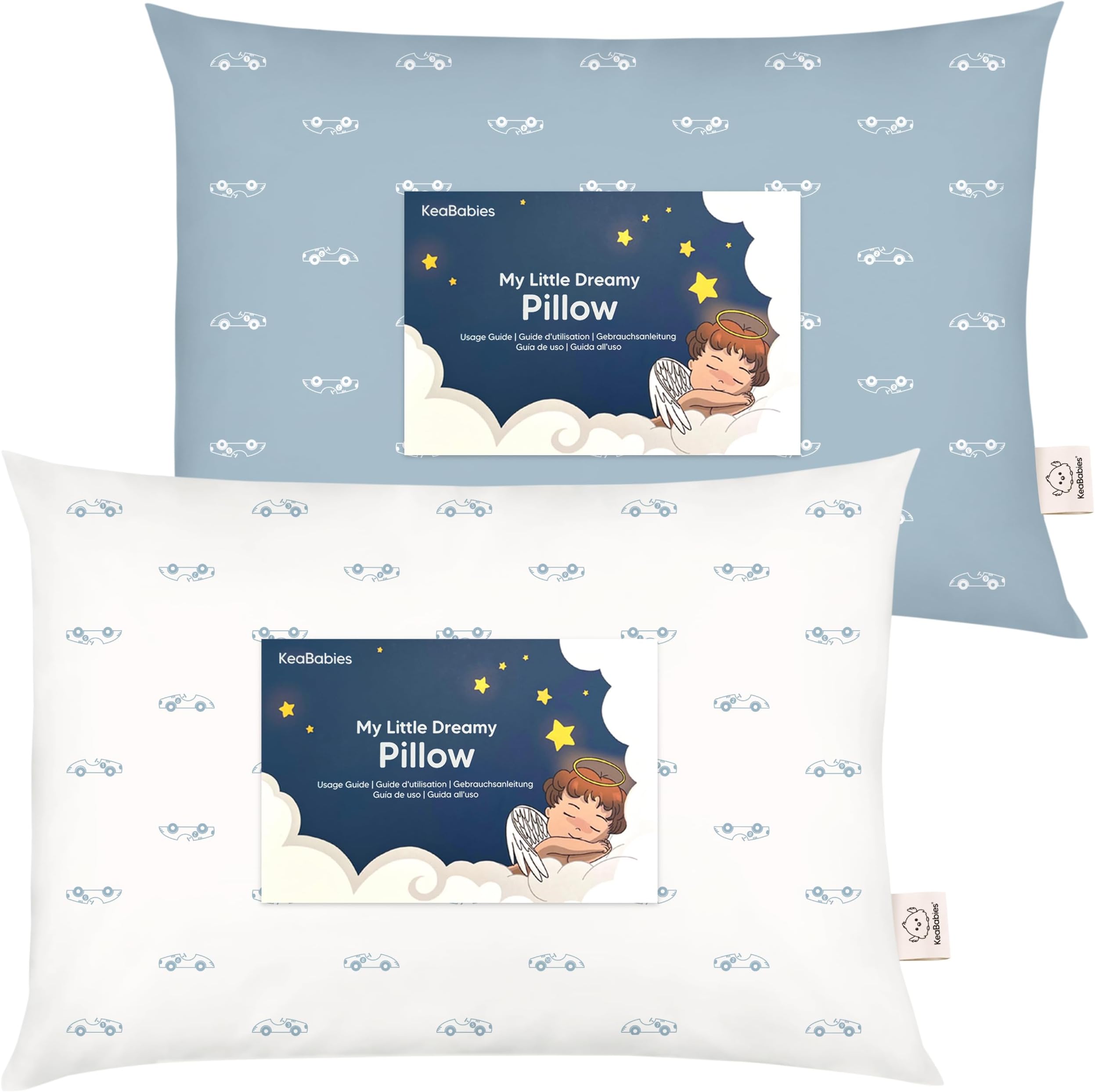 KeaBabies 2-Pack Toddler Pillows 2 Year Old to 5-13x18 Soft Organic Cotton Kids Pillow for Sleeping, Travel, School, Daycare, Nap, Toddler Bed, Machine Washable, Without Pillowcase (Roadsters)