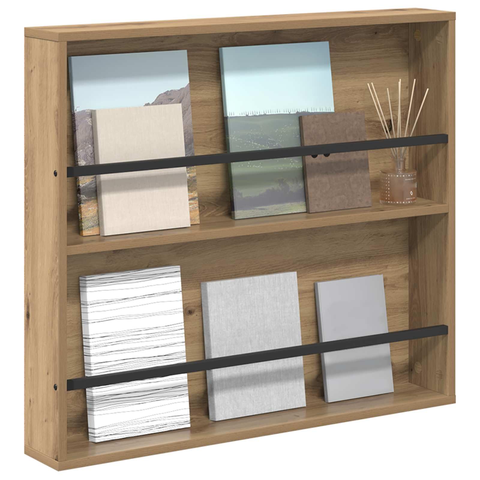 Générique Nowoczesny stojak na czasopisma z drewna inżynierskiego, dębowy stojak na czasopisma, 80 x 12 x 70 cm, minimalistyczny design z regulowanymi półkami, do salonu lub biura, do przechowywania