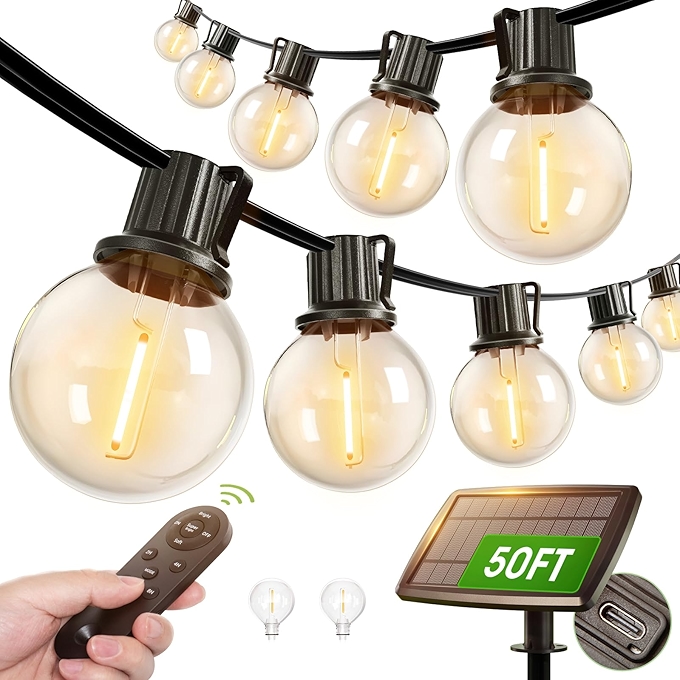 可调光户外太阳能串灯 - 50英尺，27个防碎G40灯泡，遥控操作，防水设计，适合露营和后院使用