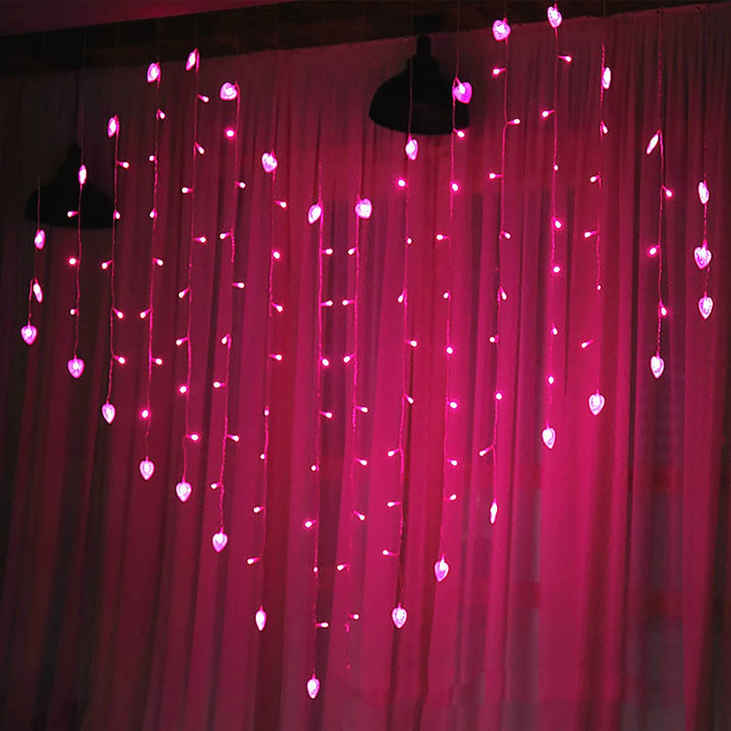 Luci fatate, Tenda Luminosa a Forma Cuore, 124 LED 124 LED 2M x 1.5M Tenda Luminosa a Forma Cuore Lampadario Porta USB Feste Camera Letto Matrimonio Decorare
