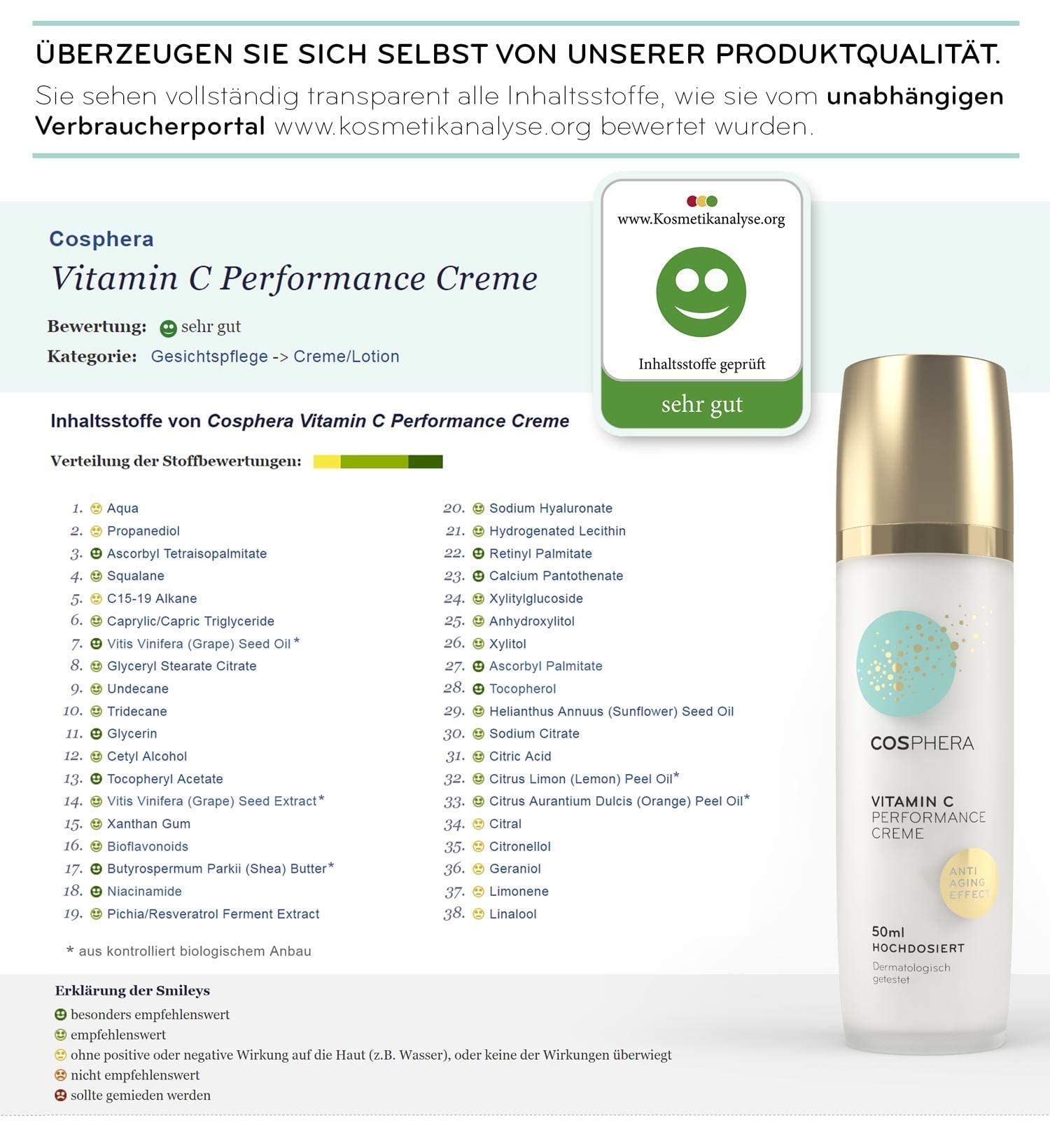 Cosphera® - Krem z witaminą C Performance 50 ml – z kwasem hialuronowym – wegański krem na dzień i na noc, wysoka dawka do twarzy, szyi, oczu – przeciwzmarszczkowy zabieg nawilżający dla kobiet i