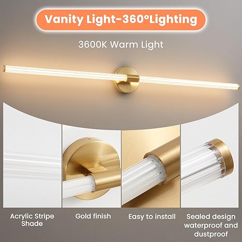 Miniatura 4 de Gednbo Luces LED regulables doradas para tocador de baño, iluminación completa de 360, lámparas de baño sobre espejo de 49 pulgadas, aplique de