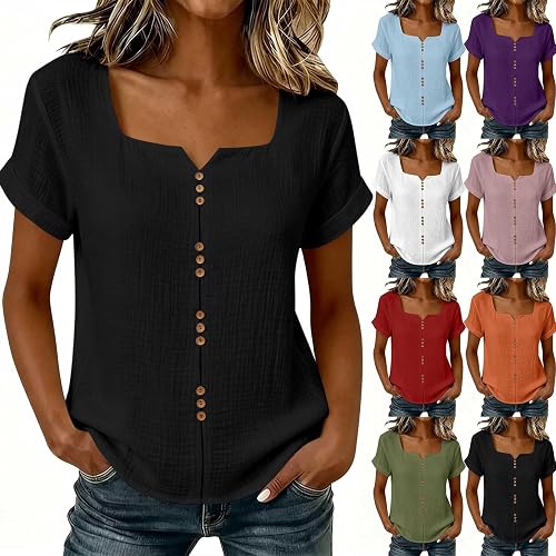 Cotton Linen Shirts for Women Summer Gauze Shirts Button Down Square Neck Short 